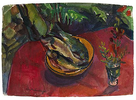 Forellen auf rotem Tischtuch im Garten