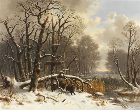 Wildschweinrotte im verschneiten Winterwald. 1838.