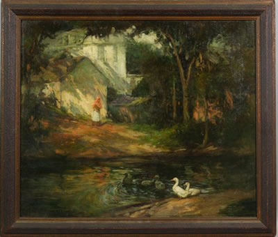House with young woman by pond with ducks