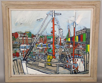Sample artwork by Henry Kaplan (1917 - 2003), known for marine scenes painting with boats, harbor views and coastal settlements - View similar artists and auction records