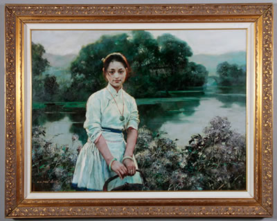 Girl with a basket by a river