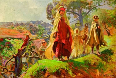 Famille aux abords d'un chemin.