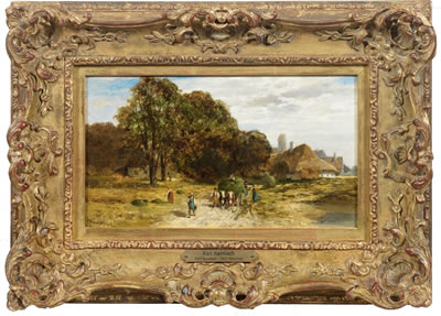 Süddeutsche Landschaft mit von der Heuernte heimkehrenden Bauern