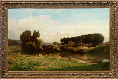 Kuhhirtin mit ihrer Herde am Flussufer by Emile Charles Lambinet - Auction record, sale price, and art valuation. Compare with similar artists and explore comparable artworks.