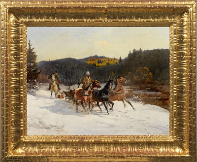 Heimkehrende Jagdgesellschaft in russischer Winterlandschaft