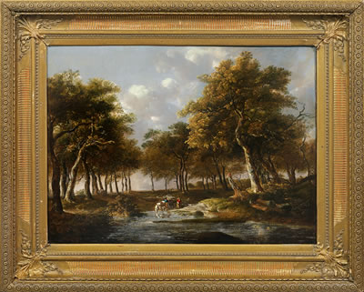 Große norddeutsche Waldlandschaft mit Bauern an der Tränke