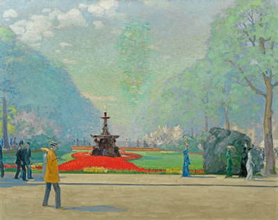 Blühender Park mit flanierender Gesellschaft