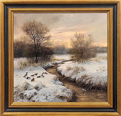 Abendliche Winterlandschaft mit Entenschar an einem verschneiten Bachufer by Oswald Romer - Auction record, sale price, and art valuation. Compare with similar artists and explore comparable artworks.
