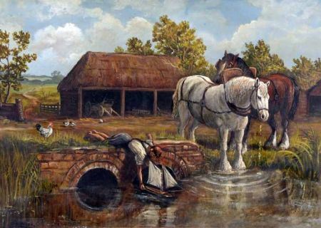 Farmyard with Horses, Young Boy and Toy Boat by John B Mace - Auction record, sale price, and art valuation. Compare with similar artists and explore comparable artworks.