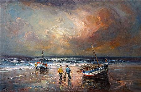 Coastal Scene with Boats and Fishermen