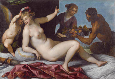Venus crowned by Cupid while satyrs and a nymph hand them fruits