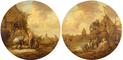 Feast with freshly slaughtered meat before an inn - soldiers playing dice and a rider before a supply tent. (a pair)