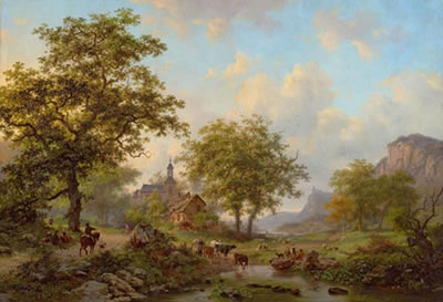 Summer landscape with cattle before a village with church