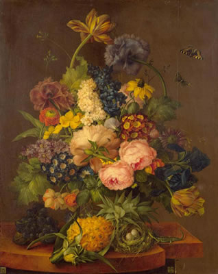 Floral still life with pineapple and bird's nest on a stone plaque