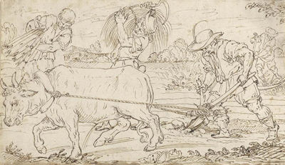 Peasants ploughing with oxen and workers harvesting grain
