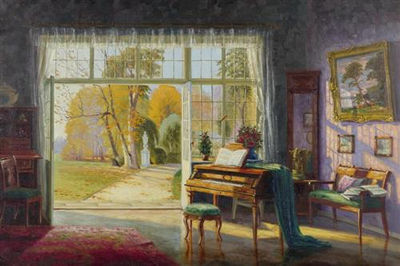 Interieur mit Klavier und Sicht in den Garten