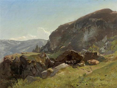Berglandschaft mit Kühen und Hirte