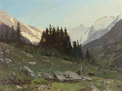 Gebirgslandschaft mit Personen und Kühen. 1897