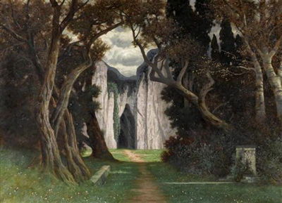 Waldlandschaft mit einem Weg zu einer Höhle