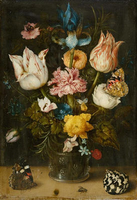 Blumenstrauss mit Tulpen, Schwertlilie, Gartennelke, Ringelblume, Rosmarinblätter und anderen Blüten in einem Römer mit Schmetterlingen, Spitzschnecke und Fliege by Ambrosius Bosschaert The Elder - Auction record, sale price, and art valuation. Compare with similar artists and explore comparable artworks.