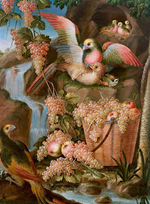 Pair of works. Two still lifes with fruits and birds