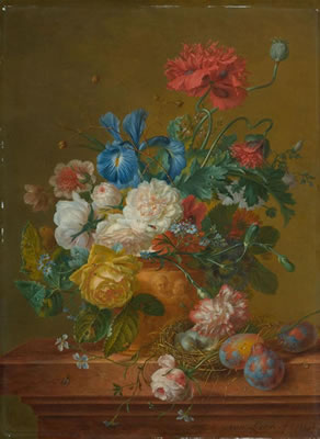 Stilleben mit Blumen und Vogelnest. 1819