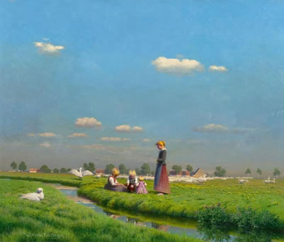 Landschaft mit Mutter und Kindern mit Gänsen