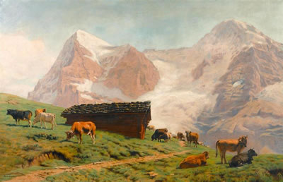 Kühe auf der Wiese vor Eiger und Jungfrau