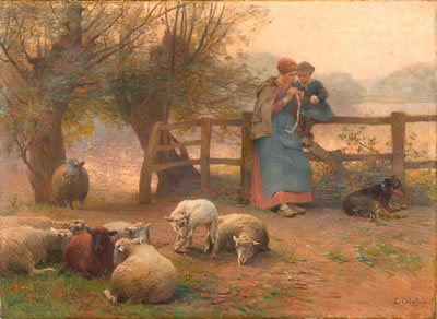 Bäuerin mit Knabe und Schafen auf der Weide