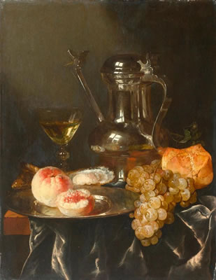 Stilleben mit einer Zinnkanne, Früchten, Austern, Brot und Wein auf einem Tisch