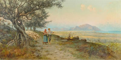 Shepherd couple before a coastal landscape by Erminio Kremp - Auction record, sale price, and art valuation. Compare with similar artists and explore comparable artworks.