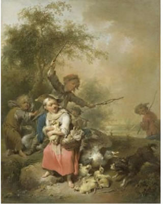 Bauernkinder mit Enten und Gänsen vor einer Landschaft mit Bäumen