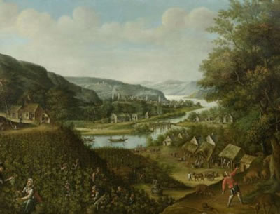 River landscape with grape harvest