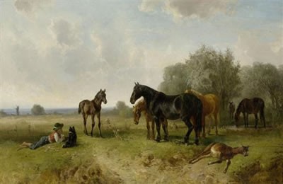 Group of horses with a herdsman and his dog
