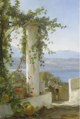 Italian coastal landscape with two figures in the foreground