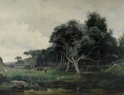 Landscape with a peasant woman and cattle at a riverbank by Louis-Henri Saintin - Auction record, sale price, and art valuation. Compare with similar artists and explore comparable artworks.
