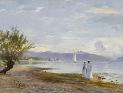 Promeneuses sur la plage de Vidy avec vue au loin sur le château d'Ouchy by Auguste Bachelin - Auction record, sale price, and art valuation. Compare with similar artists and explore comparable artworks.