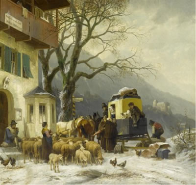 Stage coach before an inn