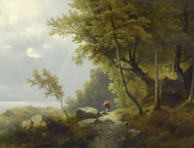 A wooded landscape with woman walker