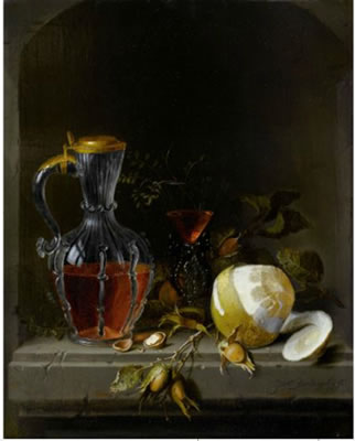 Still life in a niche with lemon, a façon de Venise wineglass, chestnuts, hazelnuts and a glass jug. / Stilleben in einer Nische mit Zitrone, einem Façon de Venise-Weinglas, Kastanien, Haselnüssen und einem Glaskrug