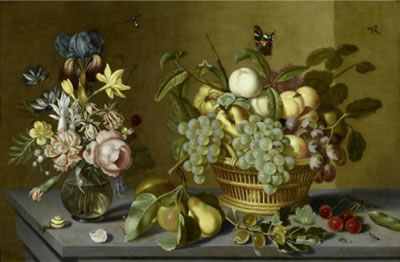 Still life with fruits in a cane basket, a glass vase with flowers and small insects on a table top / Stilleben mit Früchten in einem Flechtkorb, einer Glasvase mit Blumen und kleinen Insekten auf einer Tischplatte