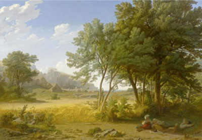 Broad Italian landscape with family resting in the foreground. / Weite italienische Landschaft mit ruhender Familie im Vordergrund