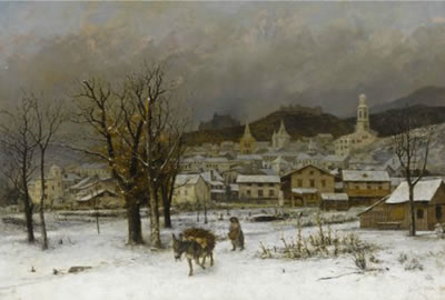Winterlandschaft mit Blick auf eine Schweizer Stadt im Hintergrund, möglicherweise Fribourg