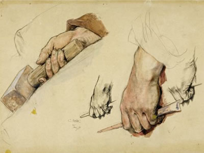 Several hand studies on one sheet / Mehrere Handstudien auf einem Blatt