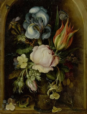 Still life of flowers in a glass vase with lizard and butterfly in a niche. 1612.