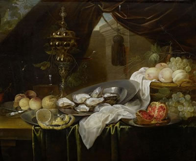 Still life with gold cup, Façon de Venise glassware, fruits and oysters. 1643. by Jan Van Den Hecke The Elder - Auction record, sale price, and art valuation. Compare with similar artists and explore comparable artworks.