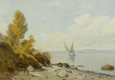 View of Lake Geneva with sailing boat.