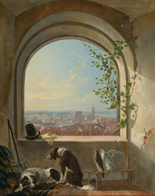 Blick durch ein Bogenfenster auf Nürnberg