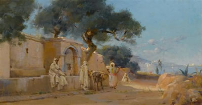 Drei Männer am Brunnen, wohl in Algier