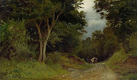 Forest landscape with a wagon in the background.